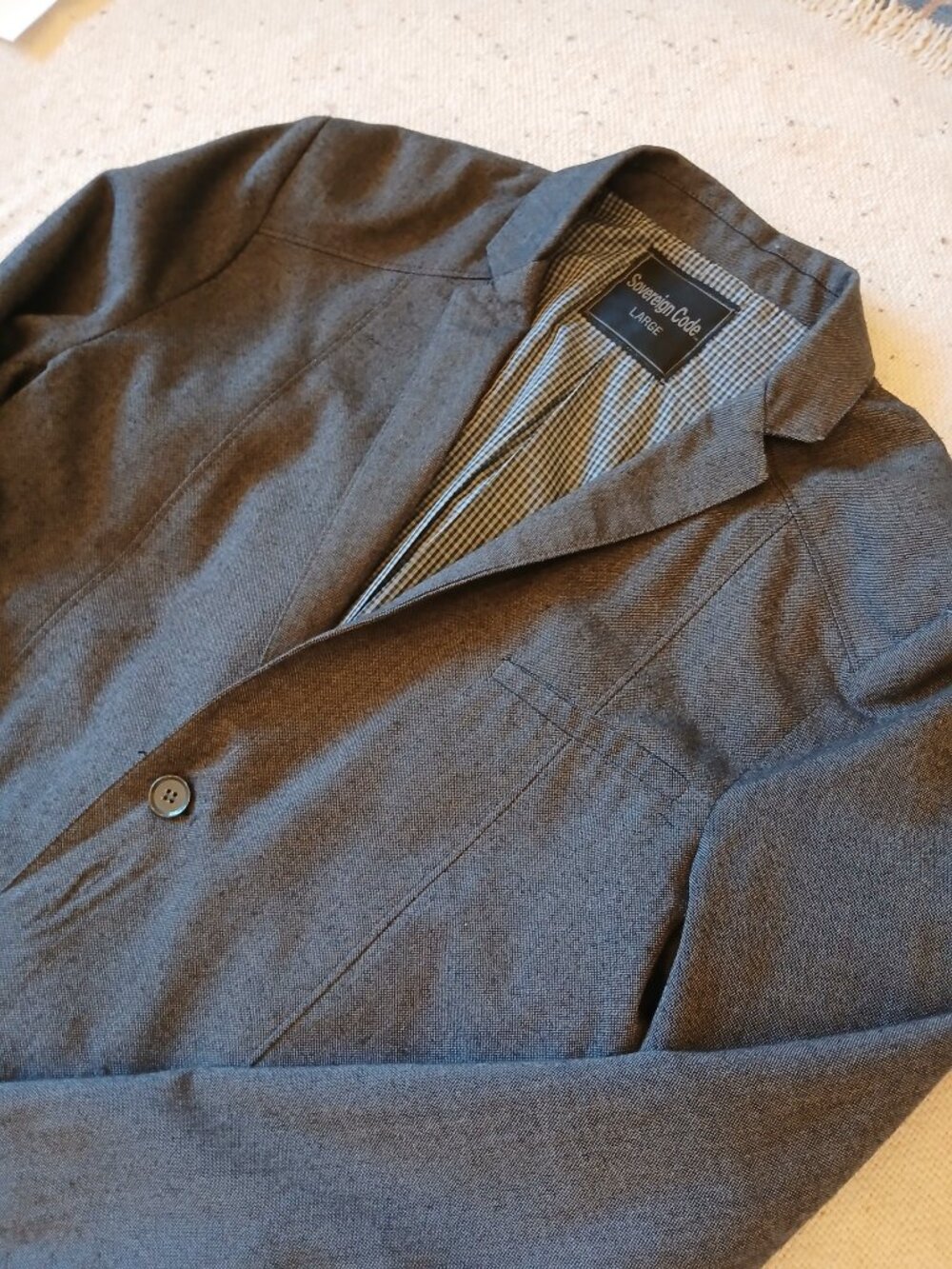 Sovereign Code Men’s L Charcoal Chambray Blazer Sport Coat Gingham Lined Casual